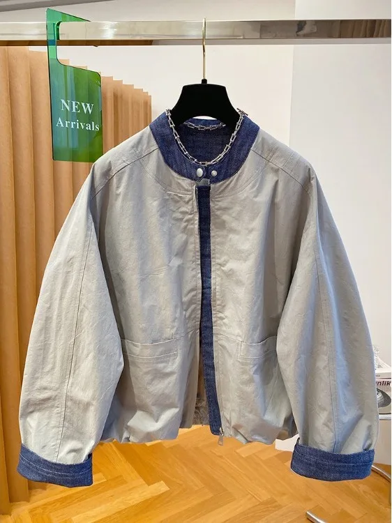 Premium Feel Stand Collar Denim Patchwork Baseball Jacket Women's Spring Autumn Loose Versatile Super Popular Jacket Top