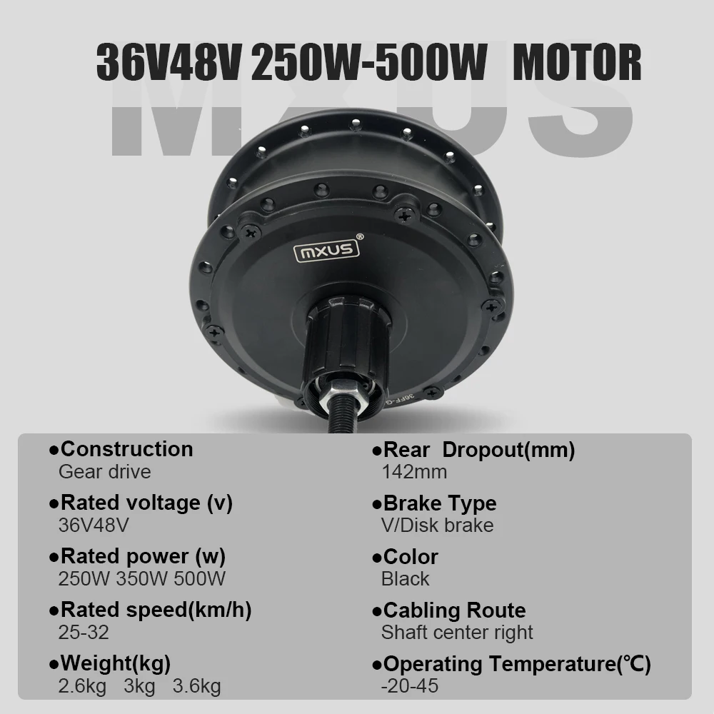 MXUS Brand Electric Bicycle Brushless Gear Hub Motor, Front Rear Wheel Drive, 250-500W, 36V,48V, XF07, XF08, XF15F, XF15R,