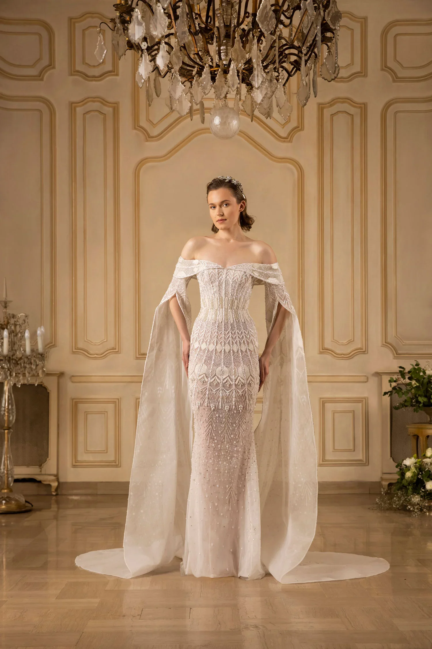 LY59 New Arrival Off The Shoulder Long Sleeves Beaded Crystal mermaid فستان حفلات الزفاف vestidos de novia wedding dress