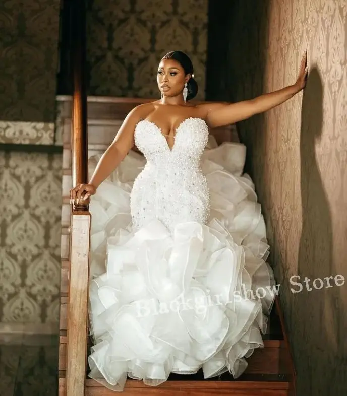 

Sweetheart Bridal Wedding Dresses Sexy Sleeveless White Cathedral Train Lace Trim Mermaid Formal Occasion Dresses For Black Girl