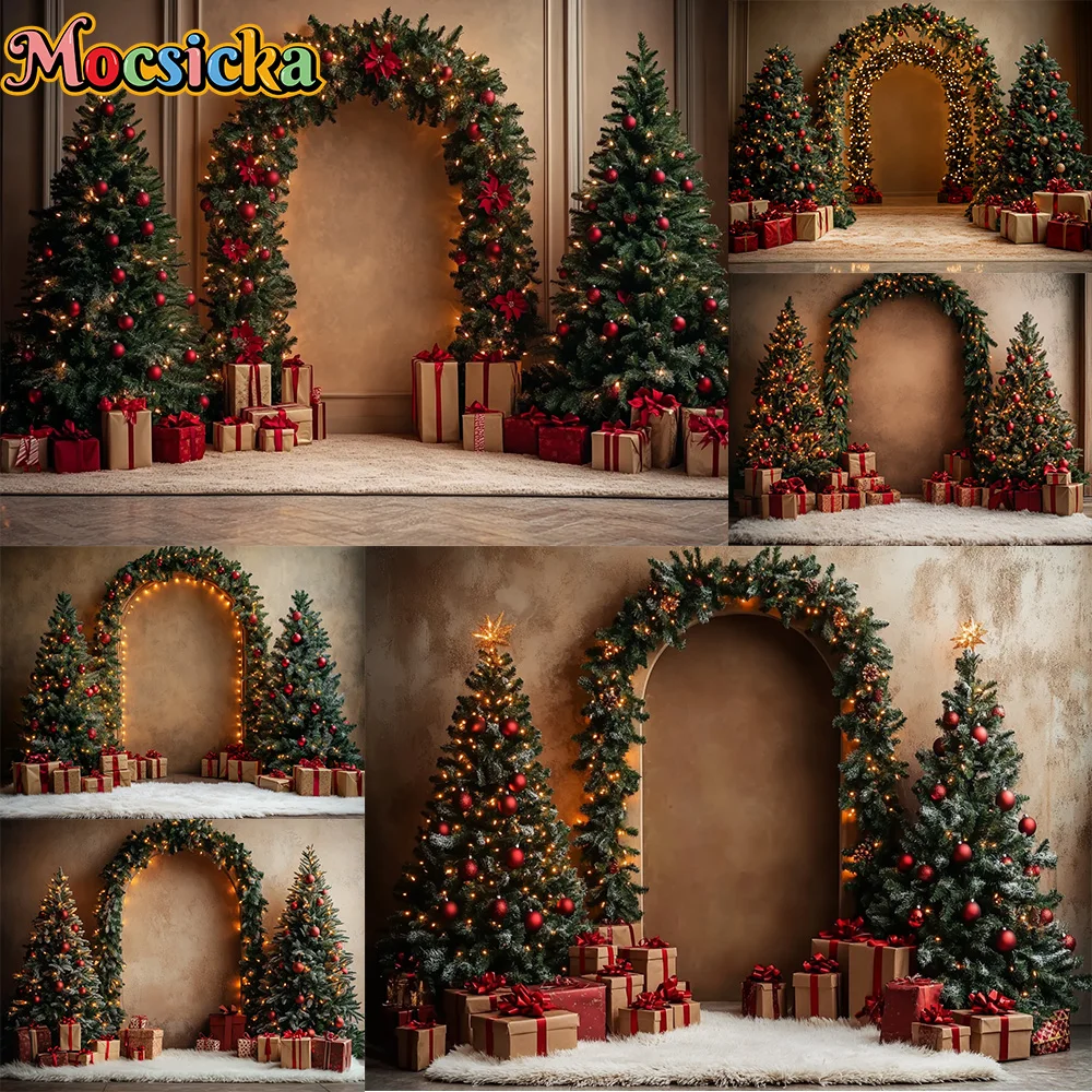 Mocsicka Photography Background Christmas Tree Arch Wreath Decoration Family Xmas Holiday Party Portrait Photo Studio Props