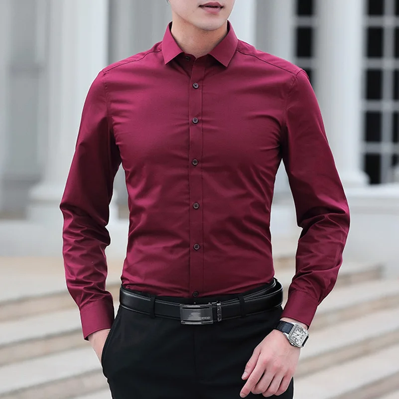 Men\'s Solid color Business Casual Formal shirt Fashion classic slim solid color long sleeve shirt no ironing social high quality