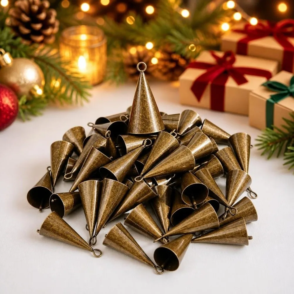 New Hangable Christmas Cone Metal Bell Conical Antique Finished Hanging Bell Bronzed Hollow Craft Bell Festival Ornament