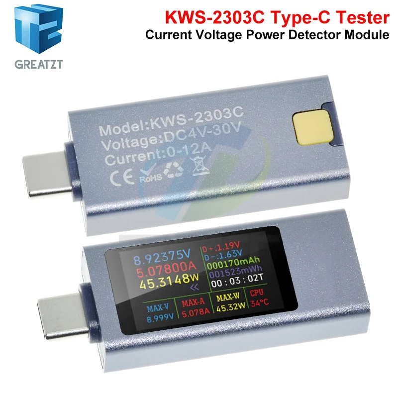 KWS-2303C Multi-function Digital Display DC Voltage Ammeter Power Meter Type-c Cell Phone Charging Tester DC 4-30V 0-12A