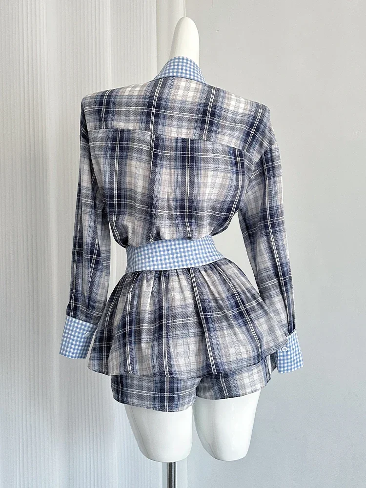 Autumn Harajuku Fashion 2000s Women Suit Preppy Plaid Gyaru Y2k Outfits New 2 Piece Set Long Sleeve Shirts + Mini Ruffle Skirt