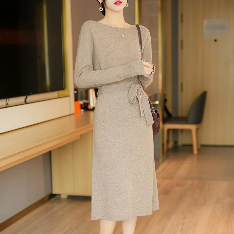 100% Merino Wool Knit Dress Women\'s One-Line Neck Long Skirts Autumn/ Winter Slim Skirts Casual Fashion Bottoming Cashmere Skirt