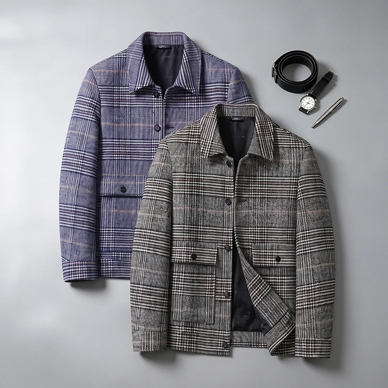plus Size Men's Plaid Jacket Collared Casual Outerwear Short Top Fashionable Autumn Winter Thickened Large Shirt for Men