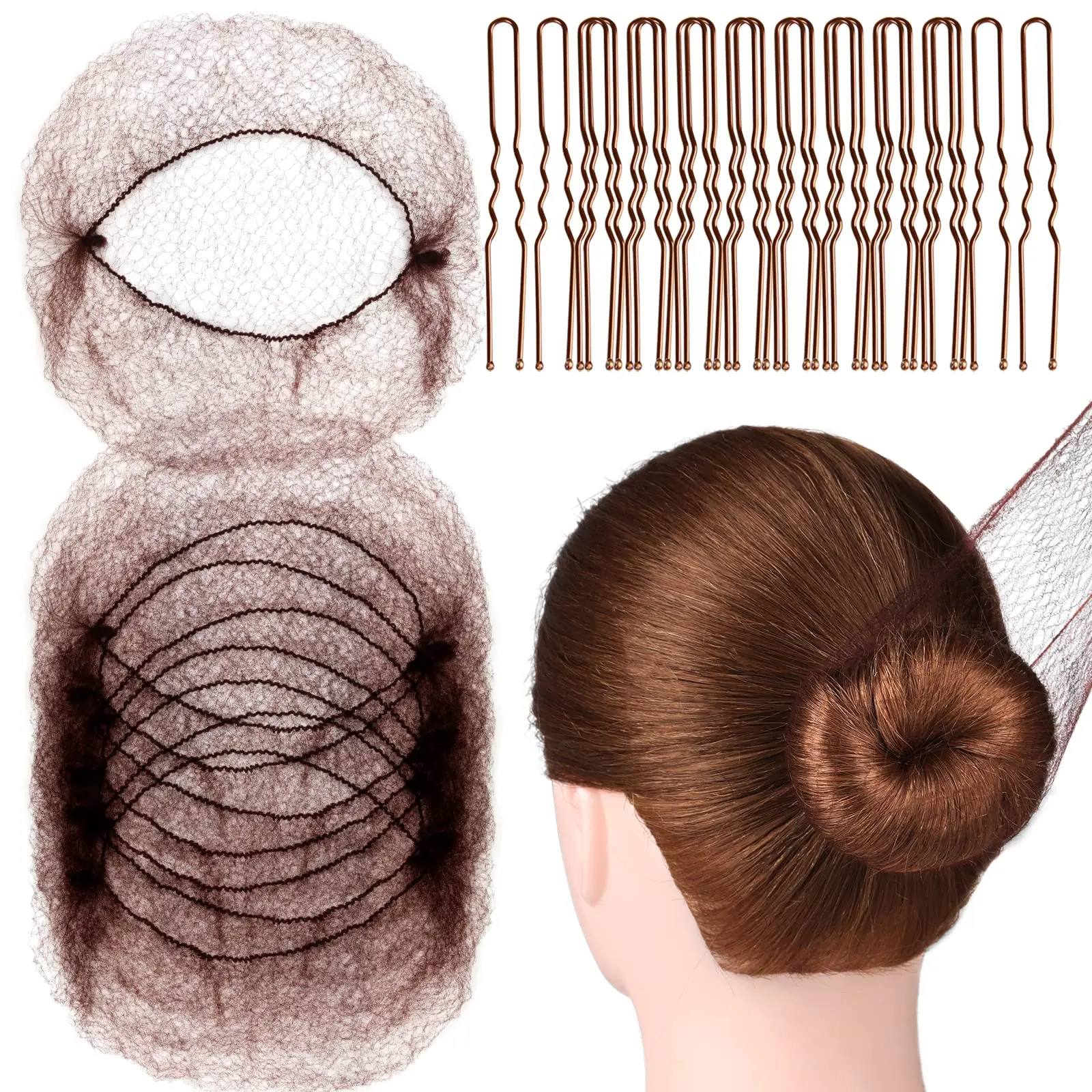 

40PCS U Shaped Hair Pins and 20PCS Hair Nets Invisible Set 50cm for Bun Brown Elastic Edge Mesh and Hair Bun Pins for Women