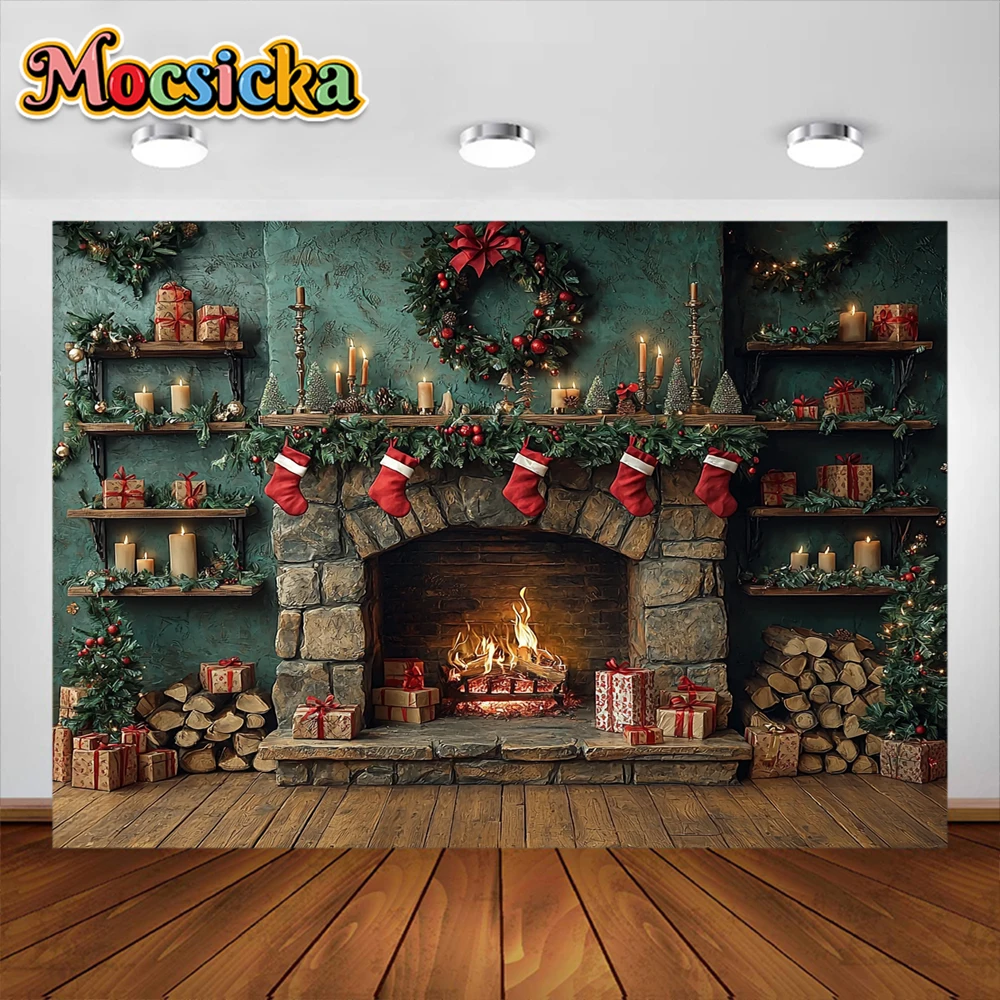 خلفية التصوير الفوتوغرافي لغرفة الكريسماس ، شجرة عيد الميلاد الموقد ، ديكور العطلة ، مستلزمات استوديو الصور العائلية