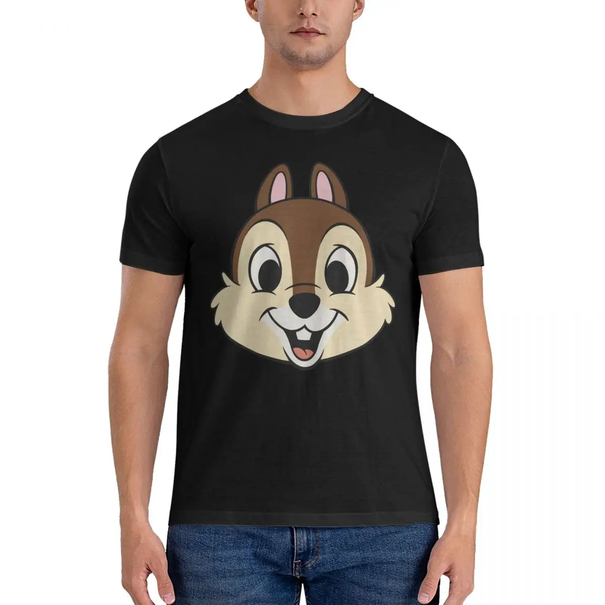 Chip Head Face Leisure 100% Cotton Tee Shirt Short Sleeve Disney Chip and Dale Film T Shirt Crewneck Tops Gift Idea