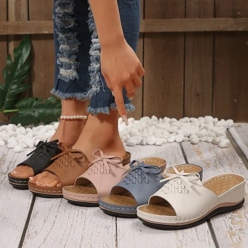 2025 New Summer Women Slope Heel Fish Mouth Slippers Fashion Casual Large Coarse Heel Bow Design Comfortable Lightweight Sandals