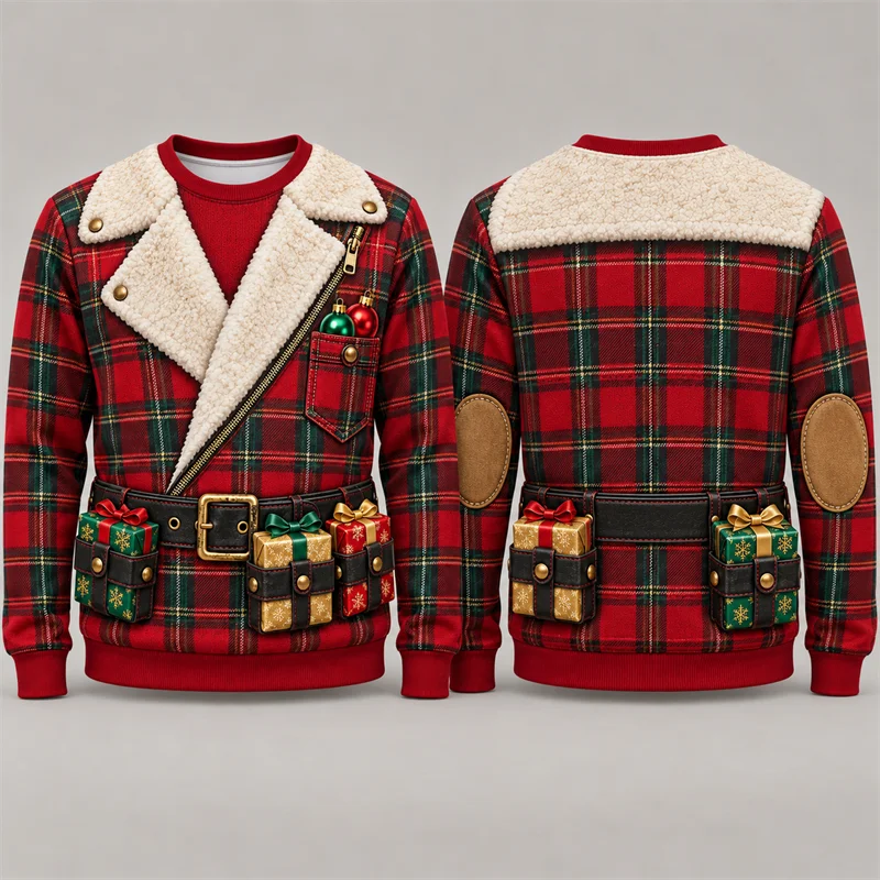 Christmas Ugly Sweater Men Tuxedo Santa Elf Reindeer Tree Plaid Jacket Print Crewneck Long Sleeve Holiday Party Pullover