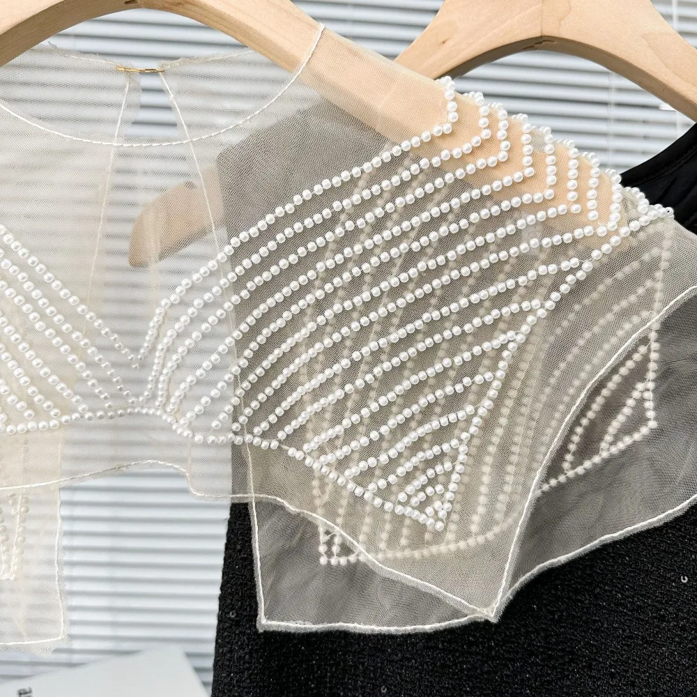 ปกเสื้อผ้าลูกไม้ปักลายออร์แกนซ่าสำหรับผู้หญิง ปกเสื้อปลอมแบบผูกเชือก ผ้าคลุมไหล่ลายดิงจู ปกเสื้อคลุมปลอม