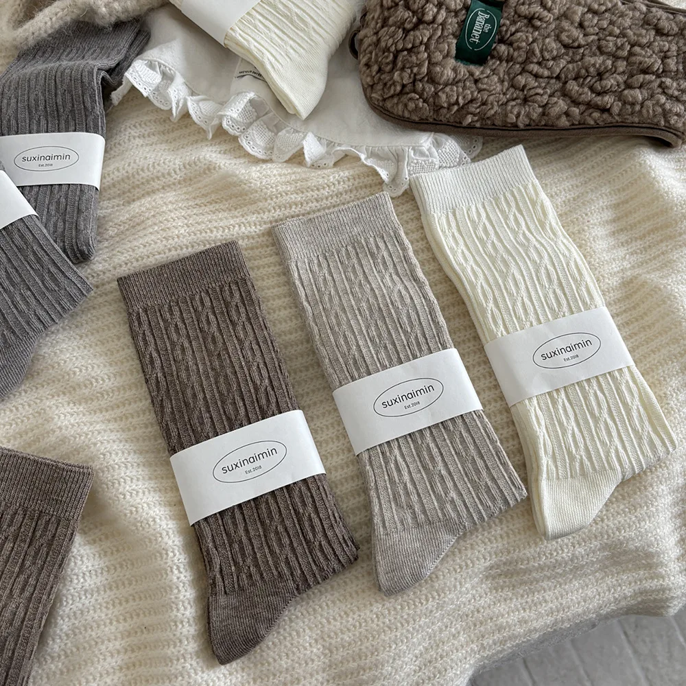 Linen Texture Cable Knit Crew Socks Japanese  Mid-Calf Slouch Socks Boho Stacked Knit Socks for Birkenstock Clogs Fall Winter