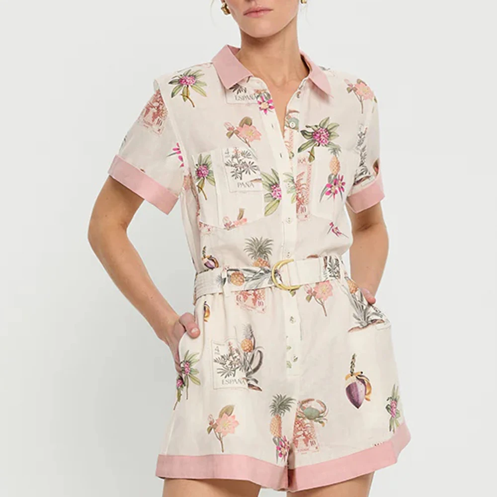 TWOTWINSTYLE Colorblock Spliced Pockets Rompers for Women Lapel Patchwork Single Breasted Printing Jumpsuit Female Clothing New