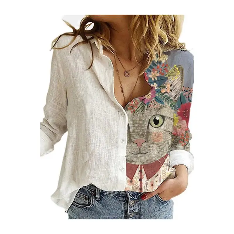 Novo 2024 faion feminino solto impressão blusa rua sle fino ajuste longo sve v-ne irt topo casual wear para idades 30-34