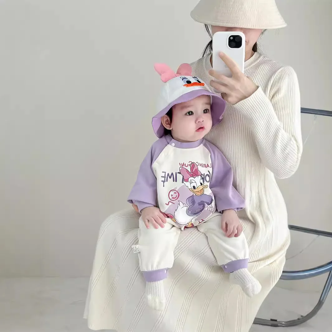 Striped Bodysuit +Knitted Hat Newborn Clothes New Cartoon Print Long Sleeve Jumpsuits Baby Cute Fashion Triangle Pants Rompers