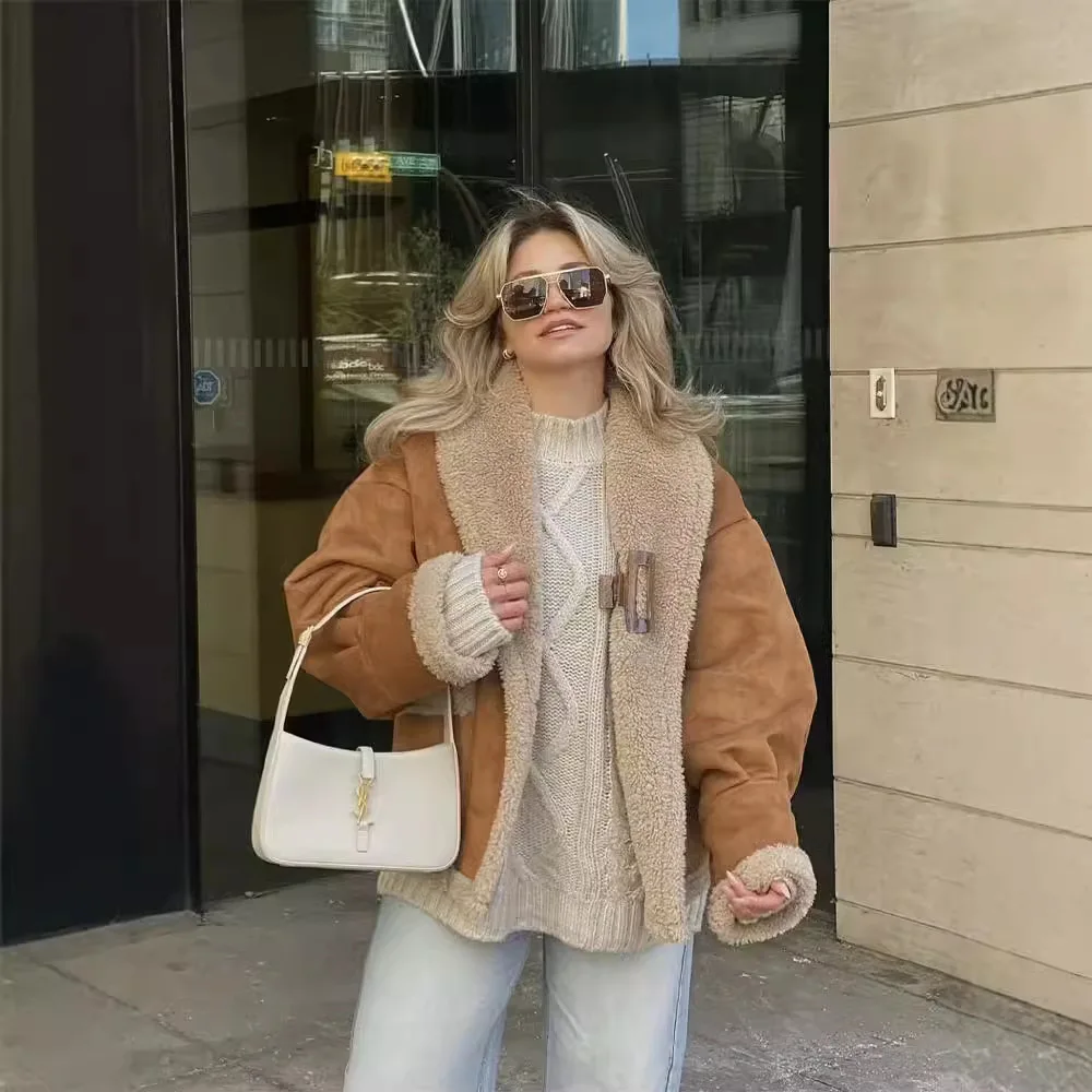 Retro suede thick solid jacket female 2024 autumn and winter models in ins loose lamb wool biker cotton jacket coat