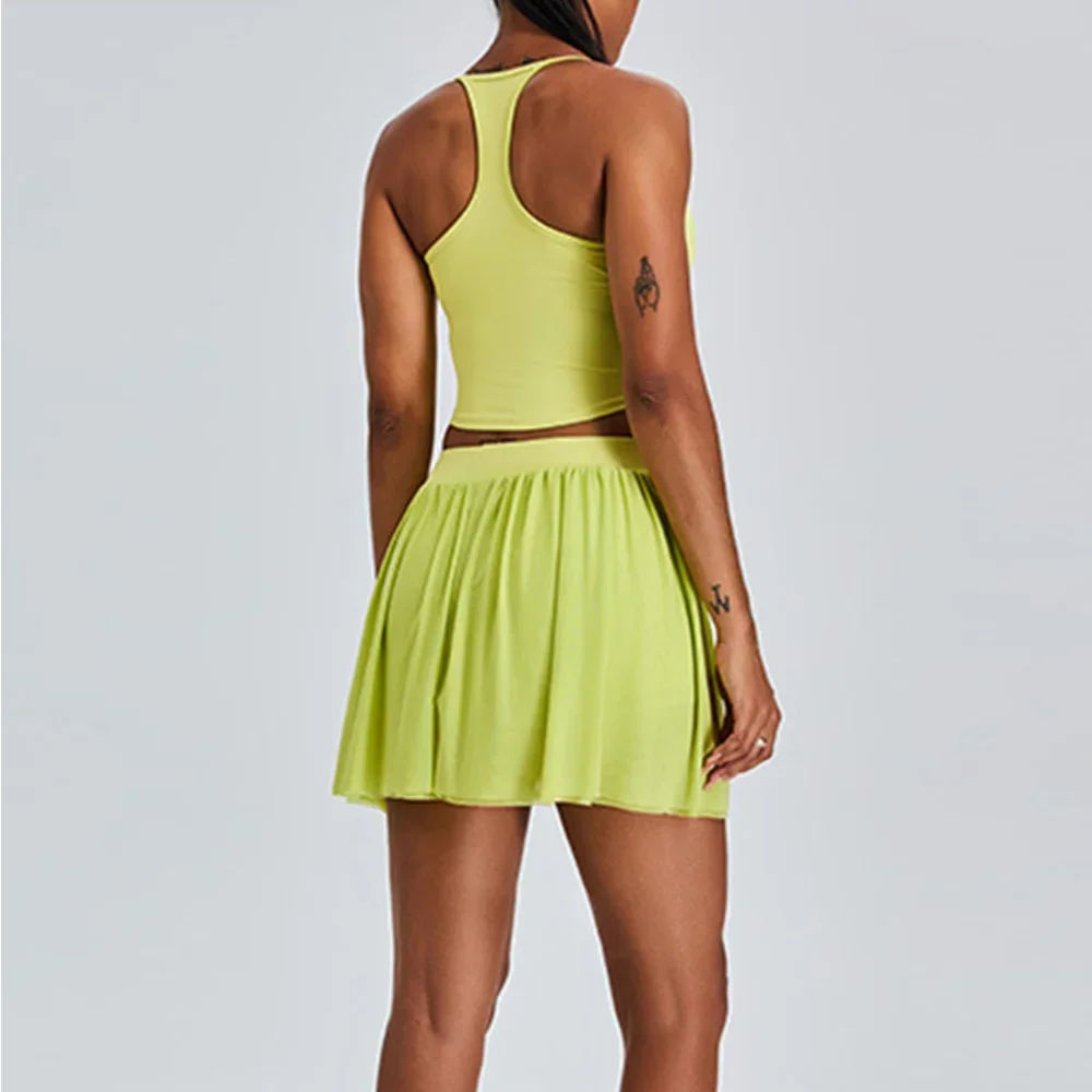 Спортивная одежда из двух предметов, спортивная короткая юбка для отдыха, комплект для йоги, женская плиссированная теннисная юбка с поясом на подкладке, костюм для бега с эффектом пуш-ап, фитнес-костюм