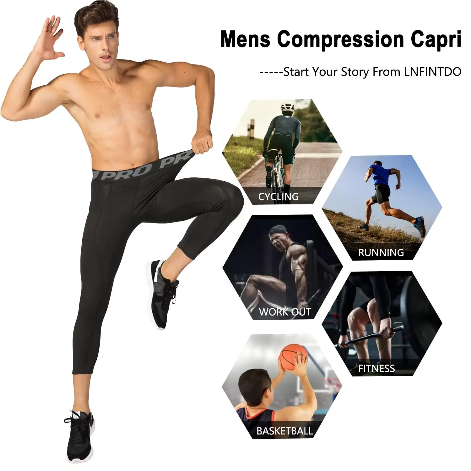 3/4 Men's Compression Pants with Pockets Four Seasons Sports Legging Basketball Running Tights Cool Dry Workout Baselayer M-XL