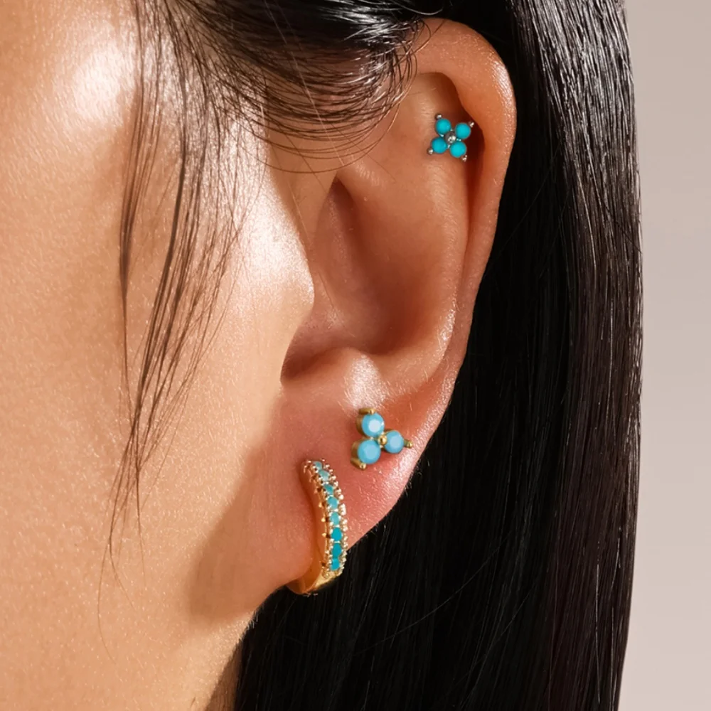 Uilz 3Pairs Stylish Blue Turquoise Stud Earrings for Women Sweet Flower Cartilage Hoop Earring Piercing Jewelry Gift