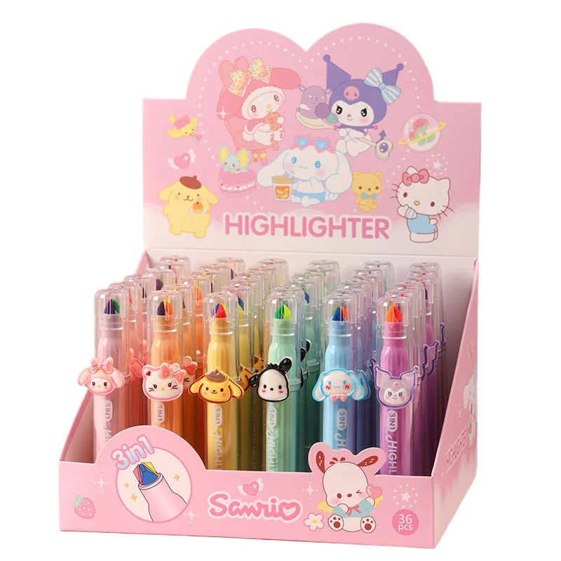 

6 pcs/lot Sanrio Kuromi Melody Kitty Three color in one Highlighter Cute Mini Drawing Marker Pens Promotional Gift School Supply