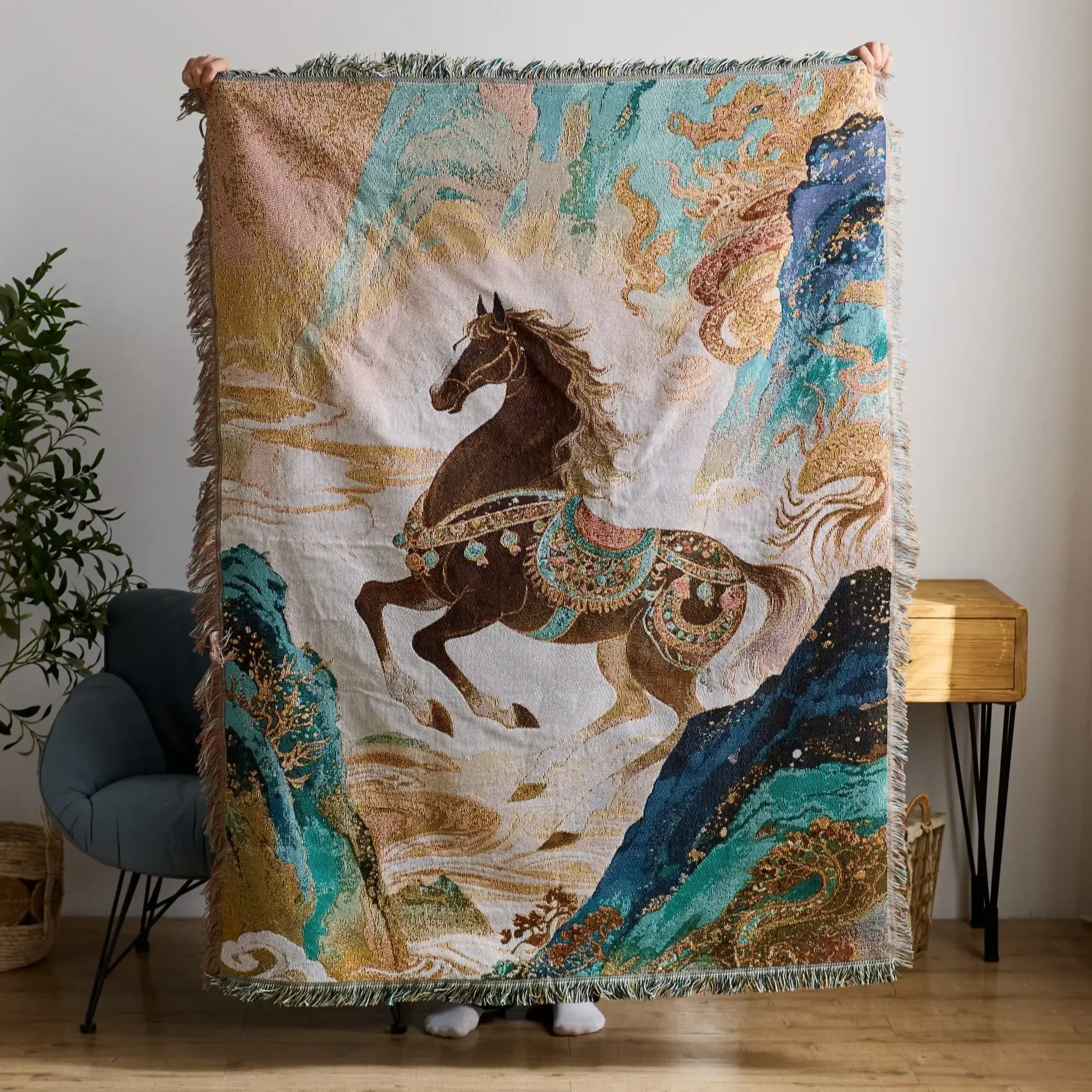 Textile City Year of the Horse Chinese Chic Leading the Way Woven Throw Blanket Traditional Jacquard Home Decor Thread Blanket