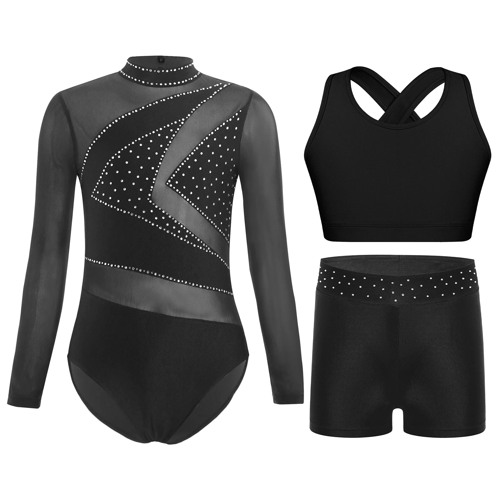 

3Pcs/Set Kids Girls Gymnastics Figure Skating Dance Costumes Sheer Mesh Long Sleeve Leotard+Cross Back Tank Crop Top Vest+Shorts