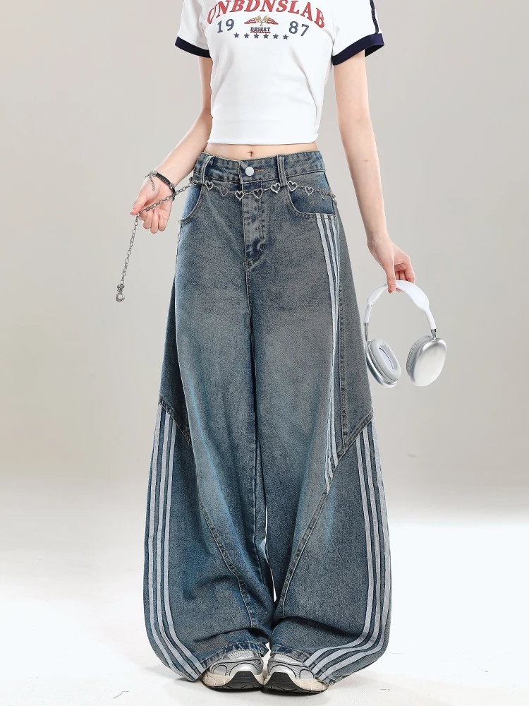 

Ретро джинсы с полосками, прямые, из денима, женские, летние, новые, с высокой талией, свободные, широкие брюки, повседневная одежда