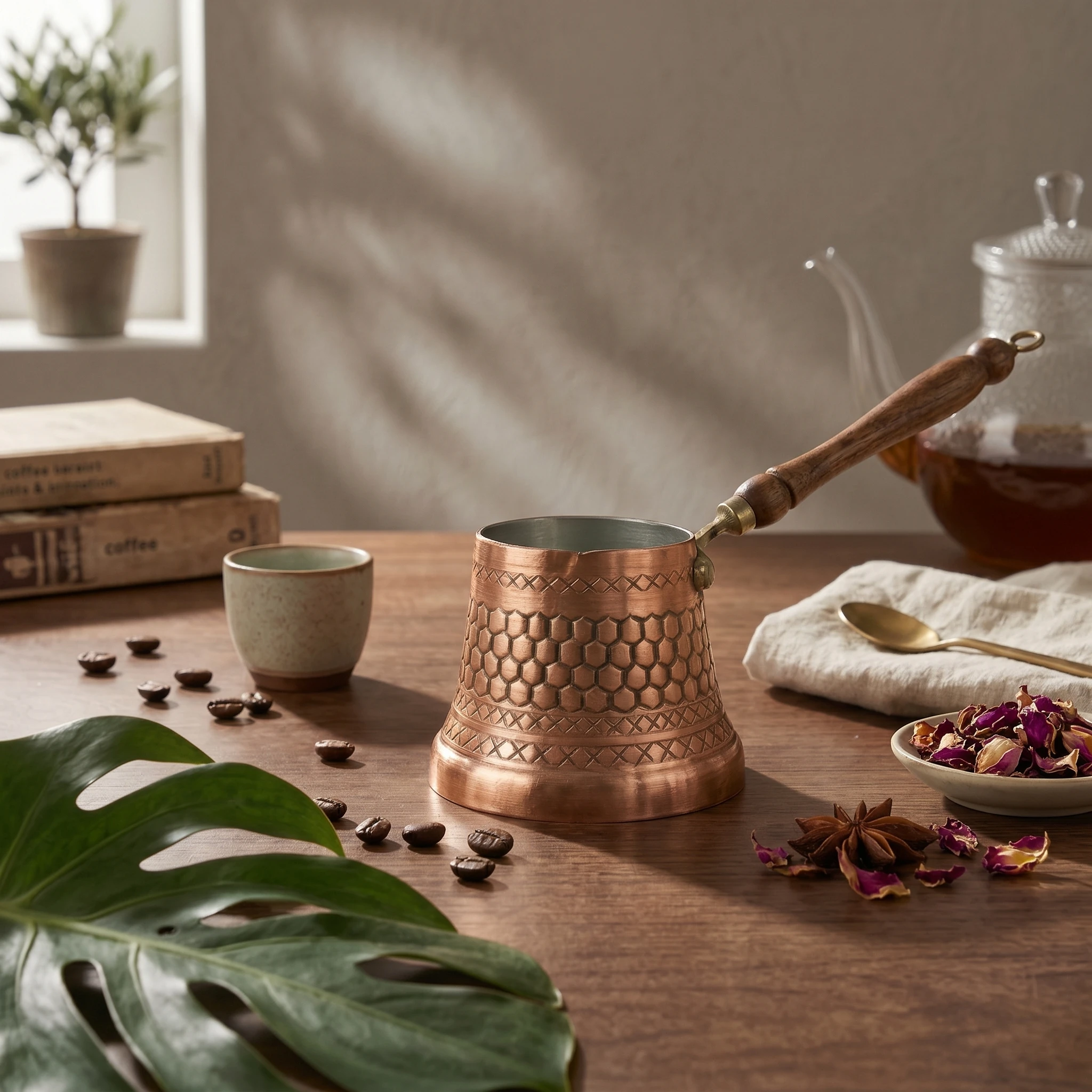 Turkish Coffee Pot Tinned Interior Copper Cezve Engraved Copper Pot Stovetop Use Greek Briki Easy to Clean for Heating Drinks