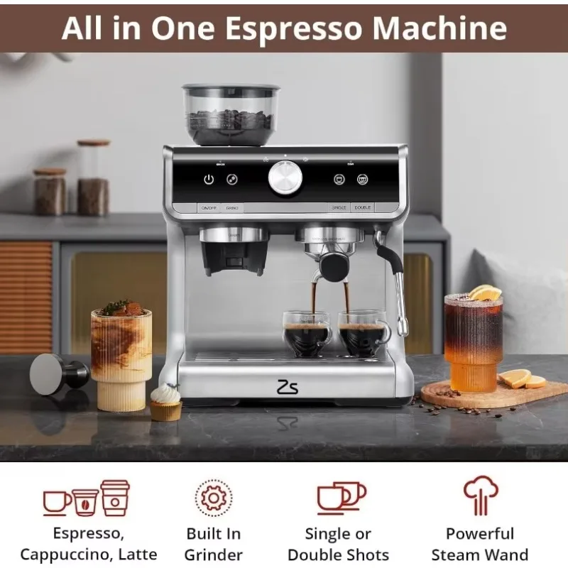 Semi-Automatic Espresso Machine - 1450W/20 Bar, 30 Grinder Settings, Fast Heating, Milk Frother Steam Wand, Silver