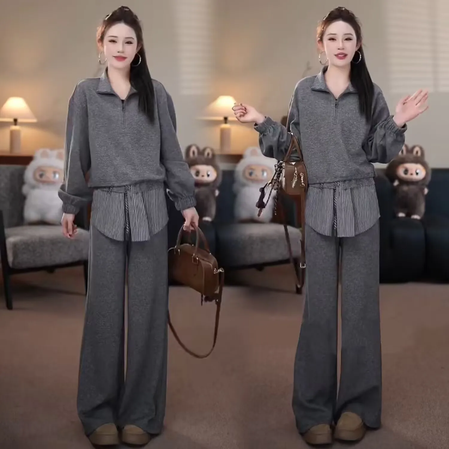 Ladies' Lazy Style 280g Cashmere Simulation Set Wide Leg Pants And Sweatshirt Spring Autumn Fashion Outfit Three Pieces Set