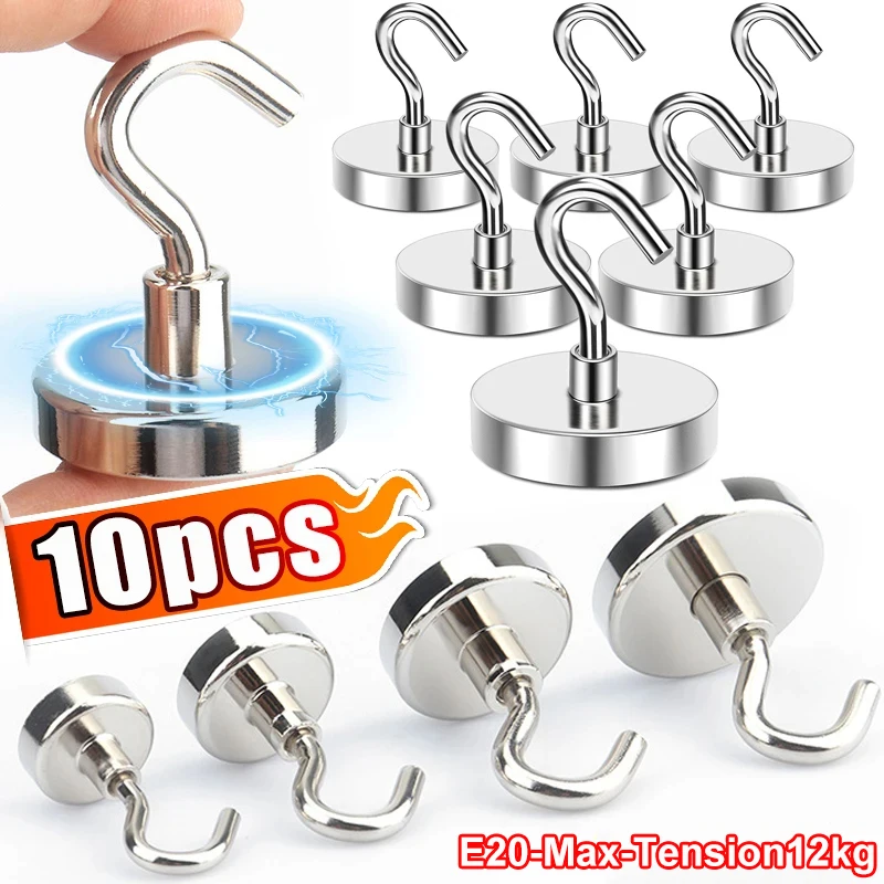 10PCS E20 Metal Strong Magnetic Hooks Wall-mounted Heavy Duty Magnet Hook Key Coat Hanging Hanger Home Kitchen Bathroom Storage
