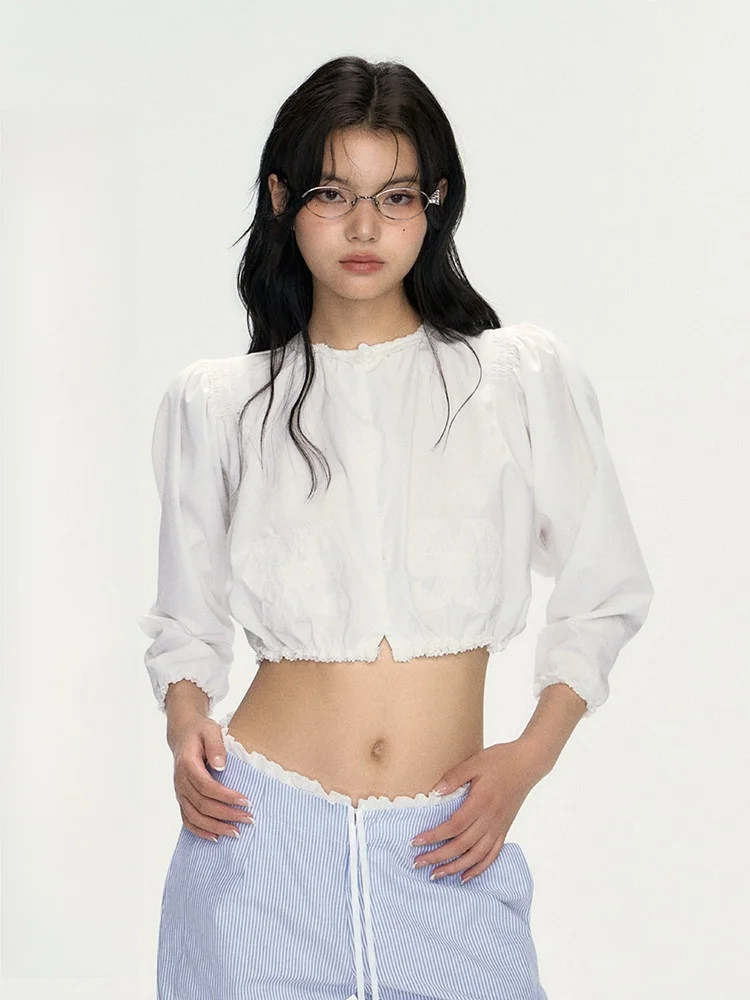 

Нежная корейская кружевная женская блузка с длинным рукавом, дышащая, приятная к телу, летняя, из тонкой ткани, с круглым вырезом, однотонная.