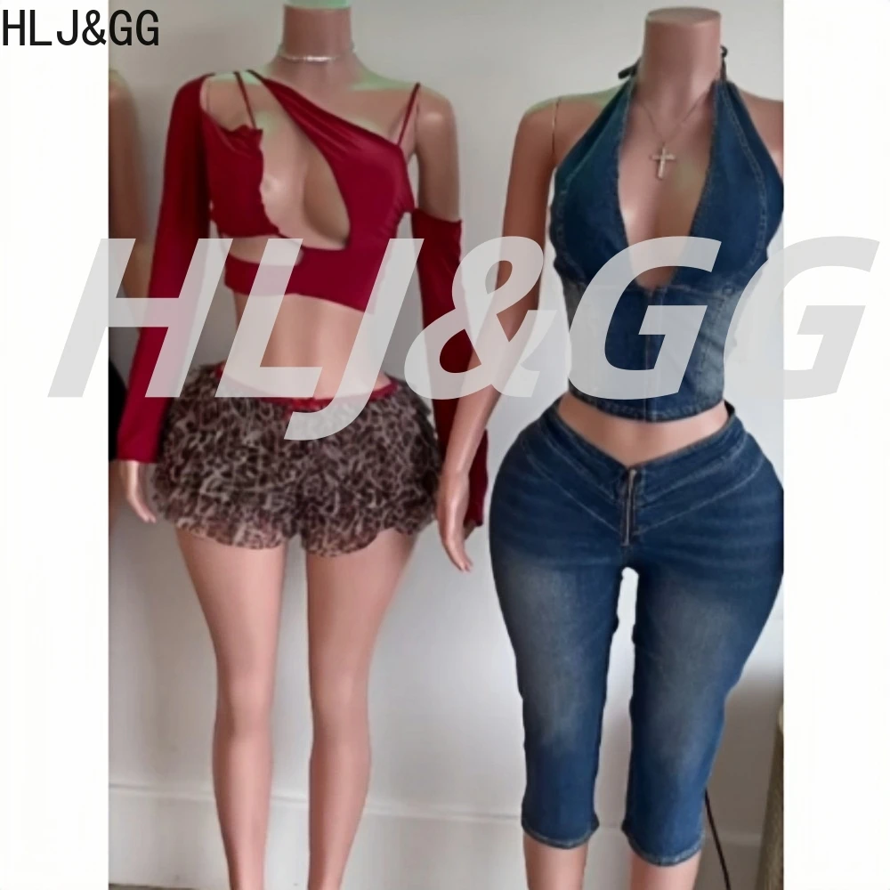 

HLJ&GG Blue Fashion Denim Lace Up Backless Two Piece Sets Women V Neck Sleeeve Slim Crop Top And Jean Shorts Outfits Streetwear