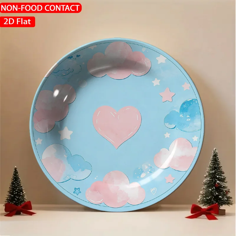 1pc Vintage Watercolor Ceramic Plate with Heart Clouds & Blue Stars - Non-Food Contact Suitable for Home Desk Decor, Retro