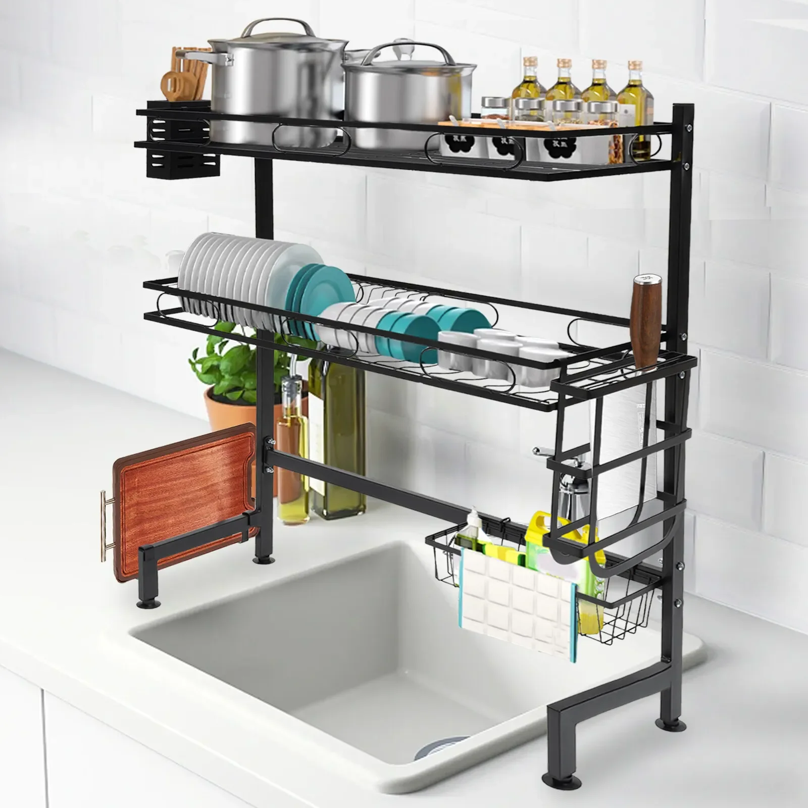 2 Tiers Adjustable Large 24.4'' Dish Drying Rack Large Drainage Over-the-sink Carbon Steel 65*28*82cm