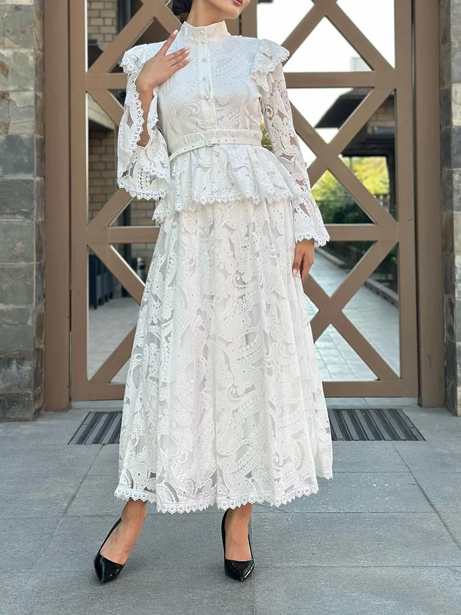 TWOTWINSTYLE Slimming Printing Sheer Spliced Ruffles Dresses for Women Stand Neck Long Sleeves High Waist Elegant Dress Female