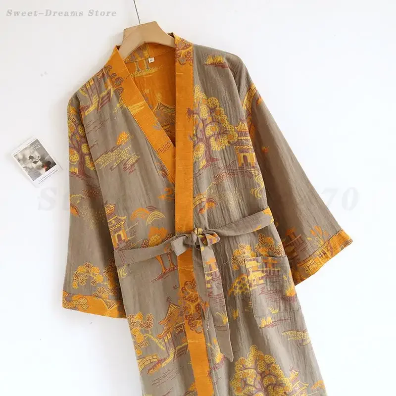 

Retro Print Flower Robe Yukata Haori Home Wear with Pocket Men's Cotton Kimono Bathrobe Gown Casual Sleepwear Loungewear Pijama