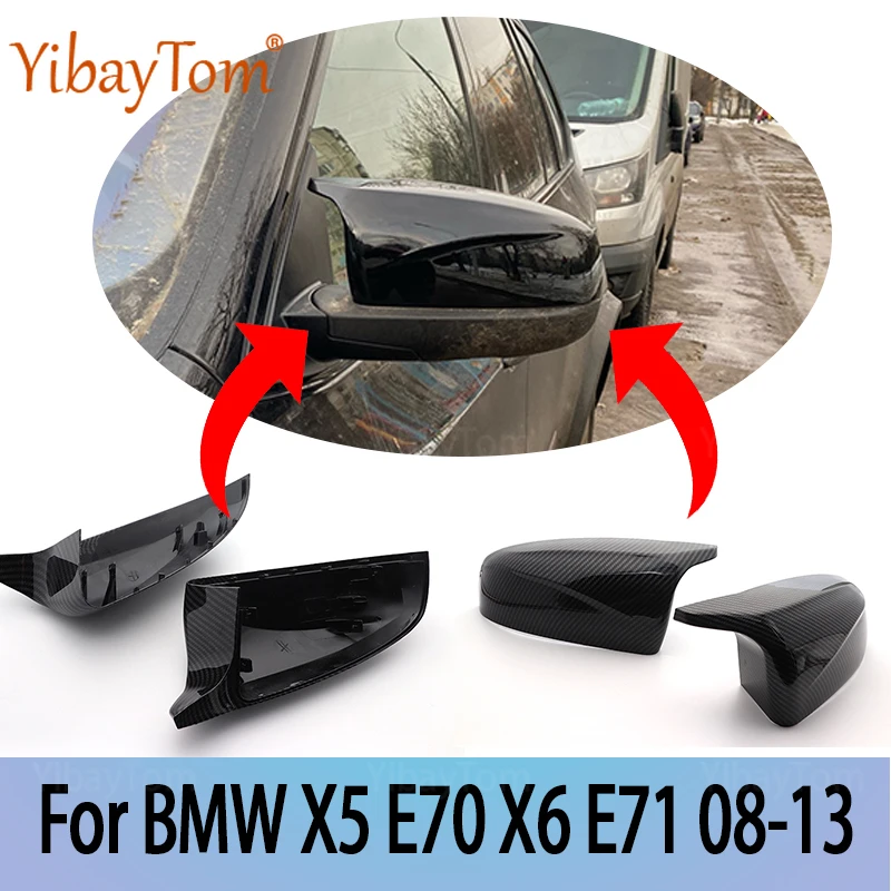 

2pcs Modified Facelifted Side Wing Excellent Bright Black for BMW X5 E70 X6 E71 2008-2013 Mirror Cover Caps Carbon Fiber Pattern