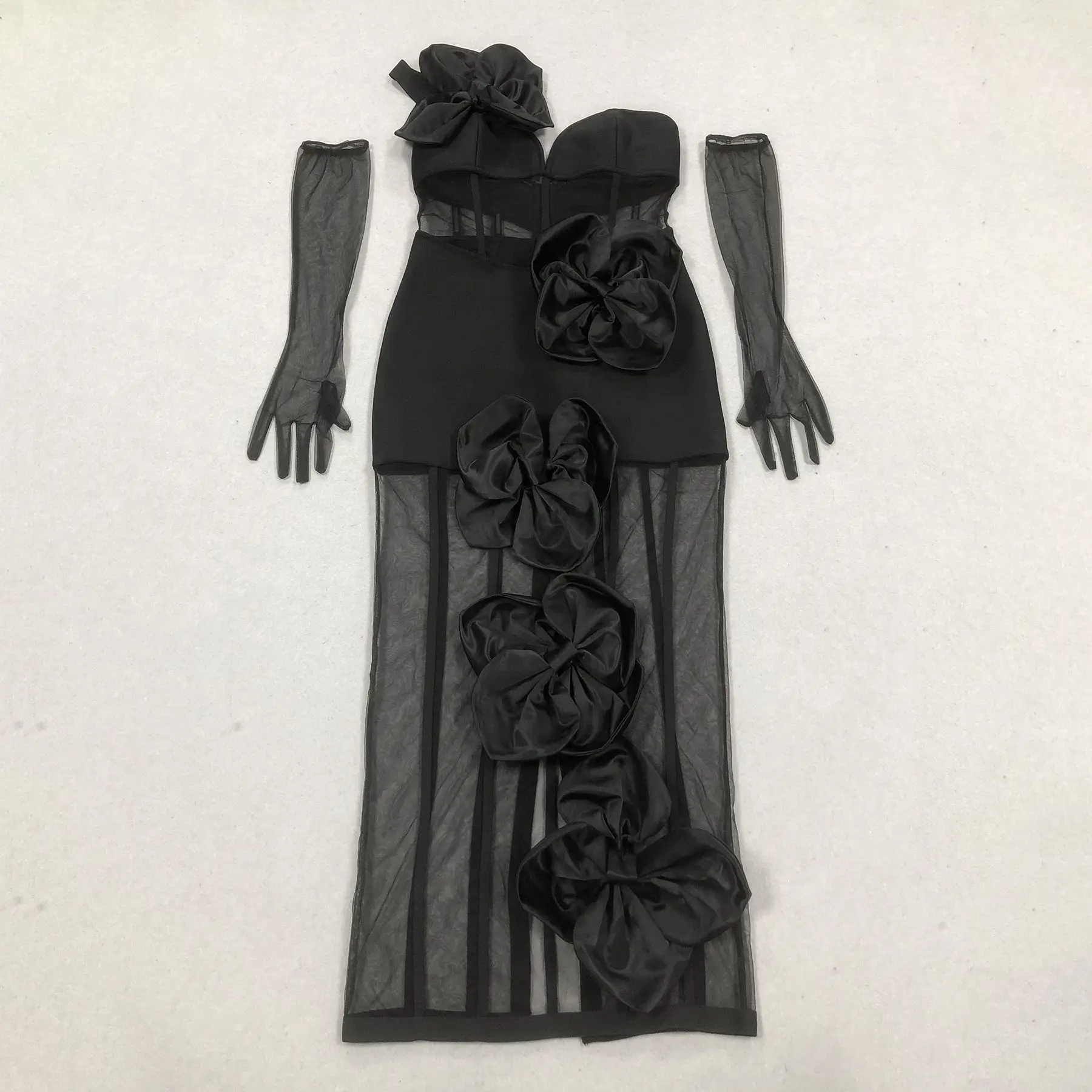 ZNS Sexy One Shoulder Bow Mesh See Through Bandage Bodycon Dress With Gloves Black Sleeveless Elegant Party Birthday Dresses