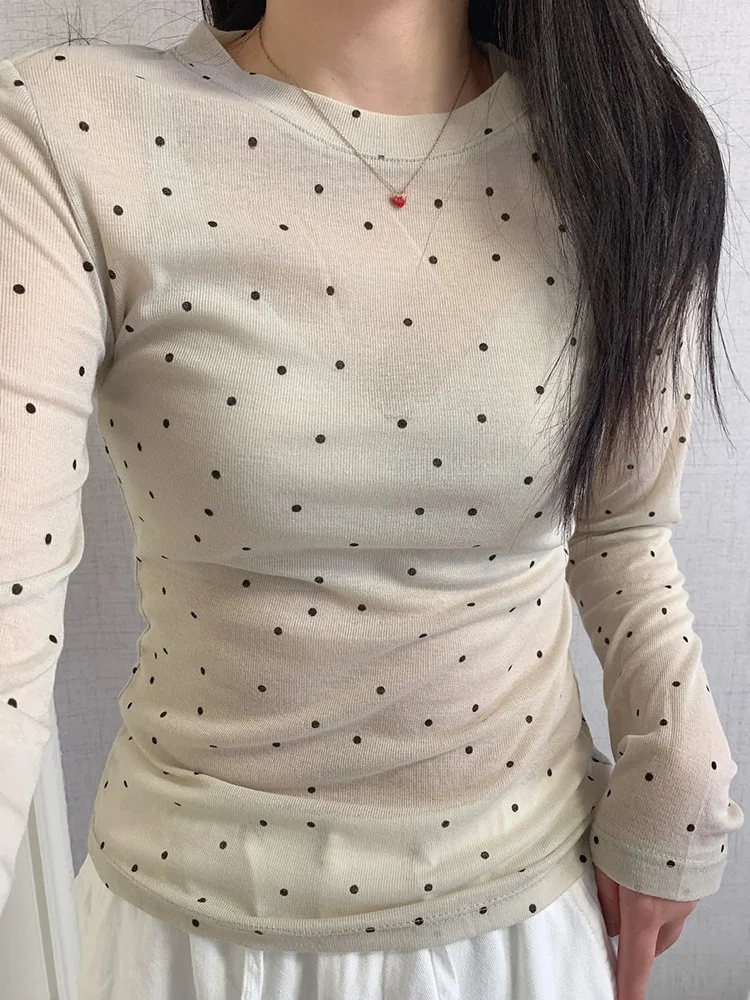Coreano sle redondo ne polka dot longo sve camiseta feminina primavera design fino único pequeno na moda topo comute casual