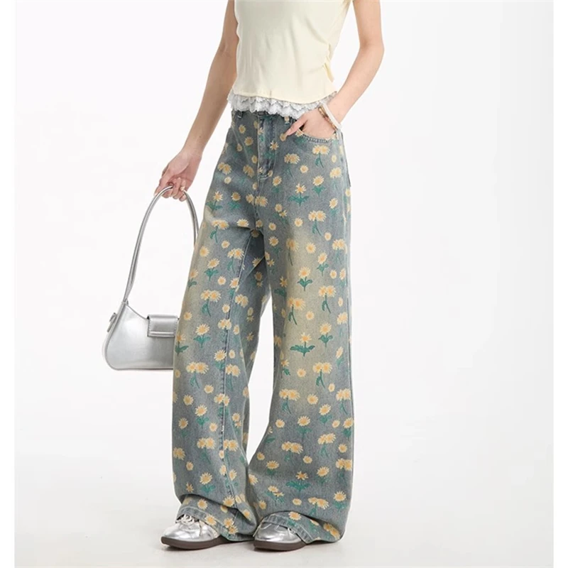 

Chrysanthemum Printed Women's Denim Blue Jeans Cool Girl Trousers Casual Bottoms Female High Waist Wide Leg Denim Pants