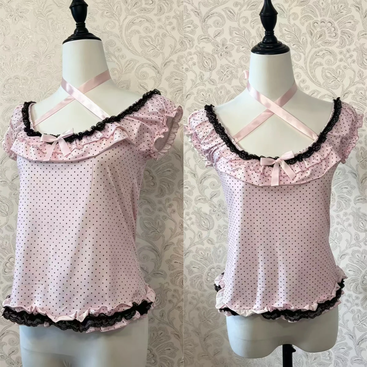 Y2k Kawaii Short Sleeve Tops For Women Elegant Slim Lace Bow Fake Two Piece Tees Korean Street Daily Casual Basic T Shirt Outfit