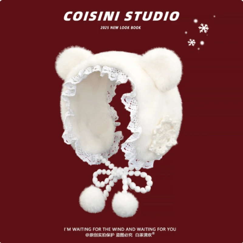 

Корейские милые кружевные плюшевые снежинки, вязаные крючком наушники, женские зимние уличные теплые и милые повязки на голову в стиле Лолиты на шнуровке