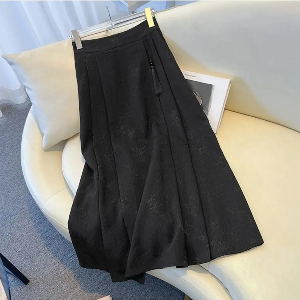 

Chinese Style National Horse Face Mid-Length Skirt Elegant Slimming High Waist A-Line Summer Pleated