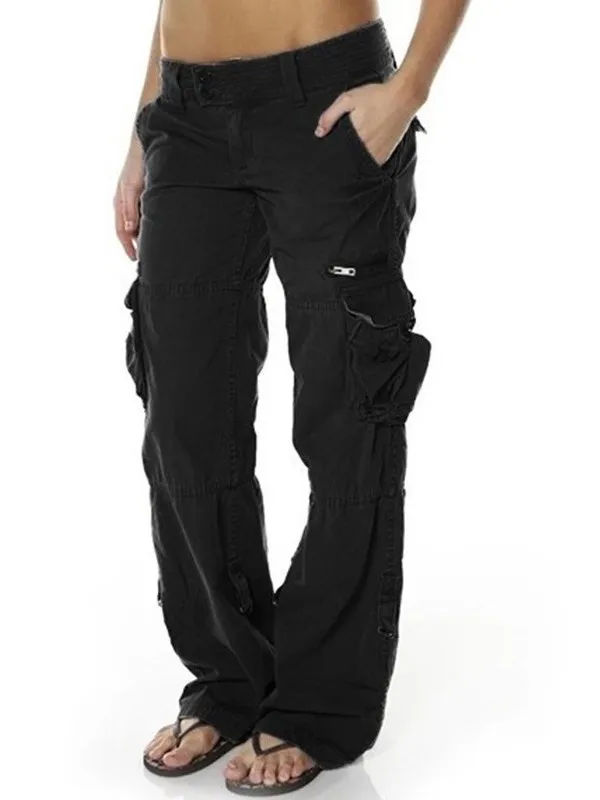 Retro Women's Loose Casual Straight Leg Trousers Multi-Pocket Workwear Pants Comfortable Cotton Mid-Low Waist Button Closure
