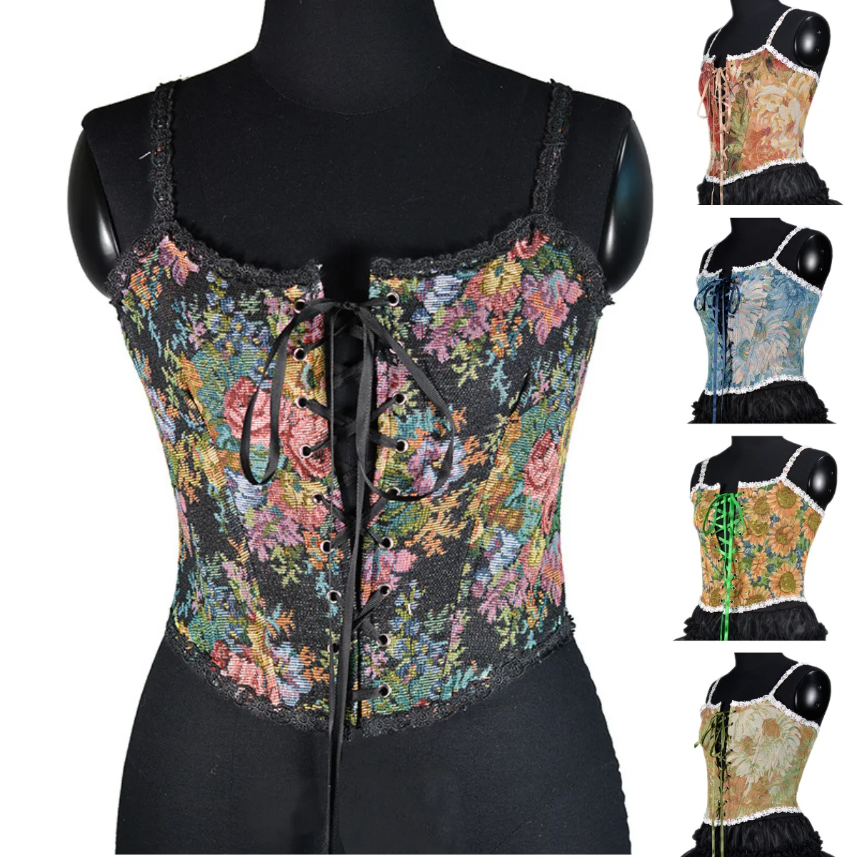 

Vintage Oil Painting Jacquard Embroidery Corset Bustier Floral Camisole Flower Pattern Vest Lace Up Tank Tops Slim Waist Corsets