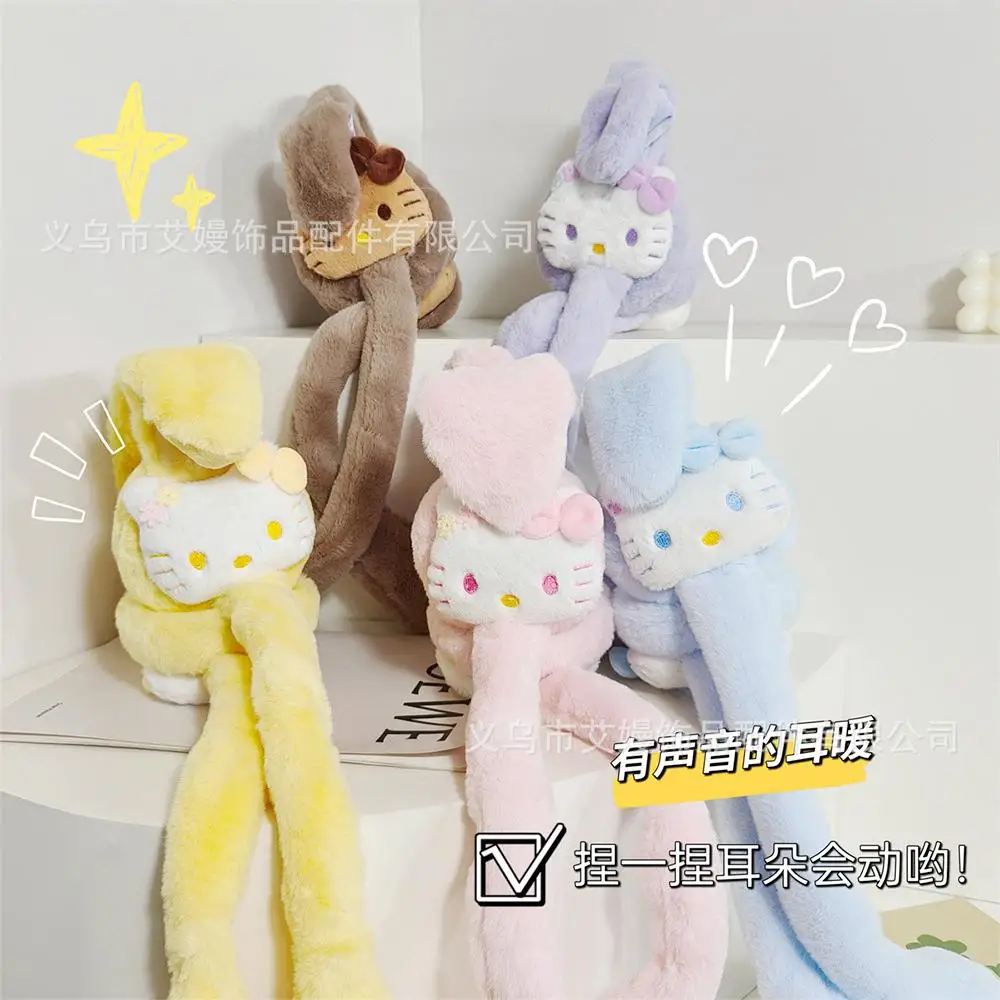 Penutup Telinga Boneka Hello Kitty yang Lucu, Telinga Bergerak, Anime Sanrio, Kt, Anak, Musim Dingin, Tebal, Hangat, Lembut, Imut, Hadiah Festival untuk Anak Perempuan, Pelindung Telinga