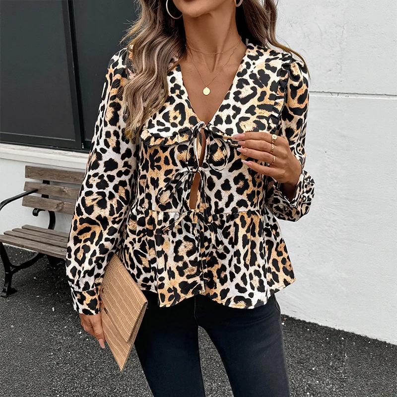 

Autumn New Retro Leopard Print Sweet Chest Tied Doll Collar Shirt Top for Women